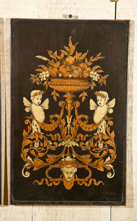 A PAIR OF INLAID WOOD PANELS, PROBABLY FROM A PIECE OF  FURNITURE. A BOWL OF FRUIT AND LEAVES ABOVE  SWAGS AND PUTI, ABOVE ARABESQUES AND A FACE MASK
Please feel free to contact us directly by clicking on  CONTACT DEALER link on this page or by